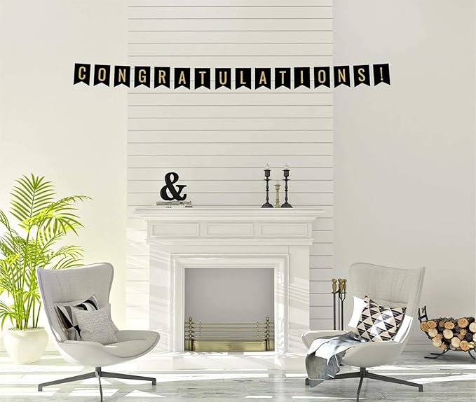 Andaz Press Faux Gold Glitter on Black Party Banner Decorations, Congratulations!, Approx 5-Feet, 1-Set, Birthday Wedding Baby Shower Colored Hanging Pennant Decor