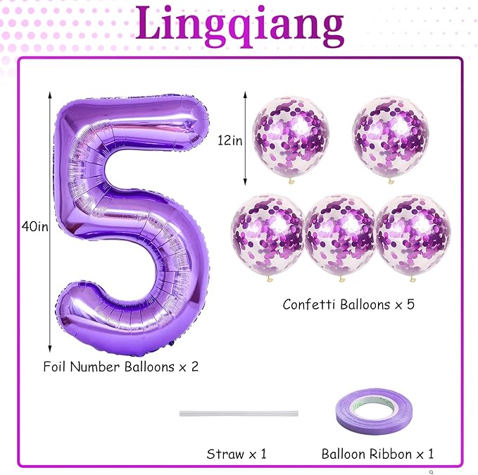 15th Birthday Balloons for Girls, 15 Inch Giant Purple Foil Number 15 Balloons with Purple Confetti Balloons Kit, Digit 1 & 5 Helium Balloons for Boys Women Men 15th 51st Anniversary Party Decorations