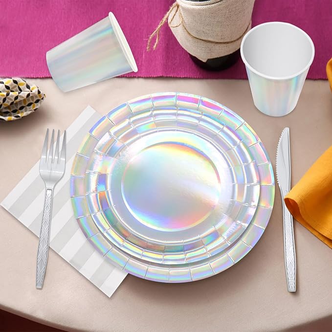 144pcs Iridescent Party Supplies Iridescent Party Tableware Set Serve 24 Guests Includes Holographic Paper Plates Cups Napkins Forks for Baby Shower Mermaid Birthday Party