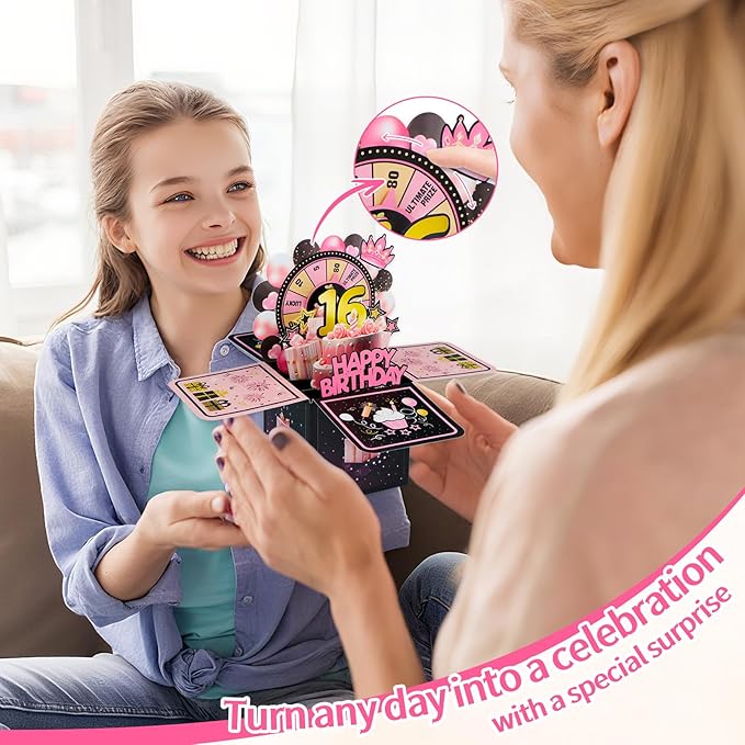 FaCraft Pop Up 16th Birthday Card - Handmade Happy Birthday Pop Up Greeting Cards Gift with Envelope and Blank Insert, Spinning Wheel Design, 16 Year Old Teens, Girls, Daughter