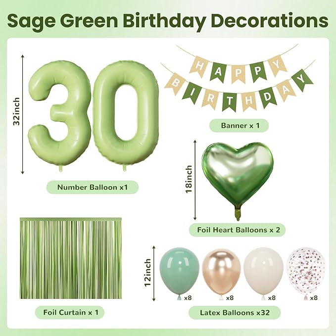 Sage Green 30th Birthday Decorations for Women Men, Dirty 30 Milestone Party Supplies, Sand White & Cream Balloon Kit with Green Number 30 Balloon and Fringe Curtains
