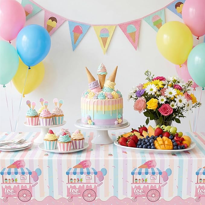 3 Pack Ice Cream Tablecloths Party Decorations, 54 x 108 Inch Disposable Ice Cream Birthday Themed Table Cloth Waterproof Rectangle Party Table Cover for Kids Sweet One Birthday Baby Shower