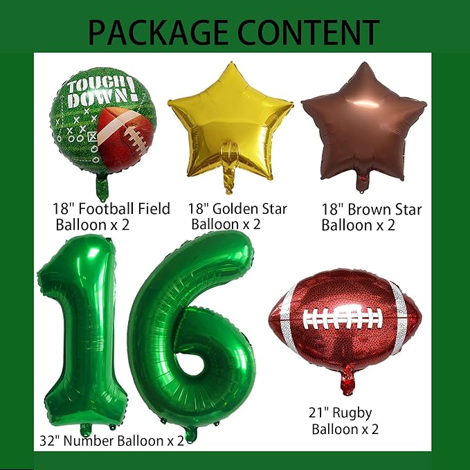 Football Birthday Decorations - 16th Birthday Balloon Rugby Gold Brown Star Touchdown Sports Theme Party Supplies - 10Pcs