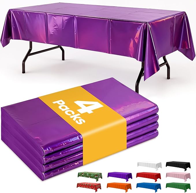 Iridescent Purple Plastic Table Cloth - 4 Pack 54" × 108" Rectangle Disposable Tablecloths for 6FT Tables, Table Cover for Party, Holiday & Gathering Use