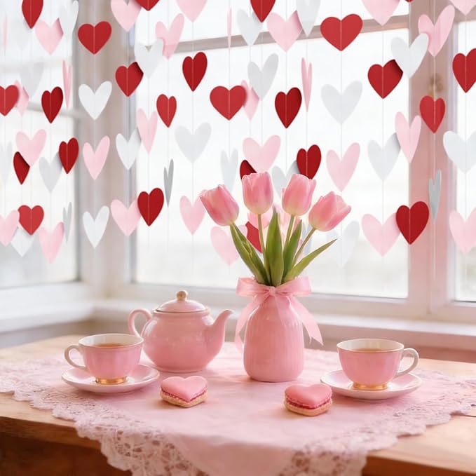 8 Pack Red Pink White Heart Garland Valentines Day Party Decorations Heart Paper Streamers Banner for Wedding Proposal Engagement Birthday Party Supplies