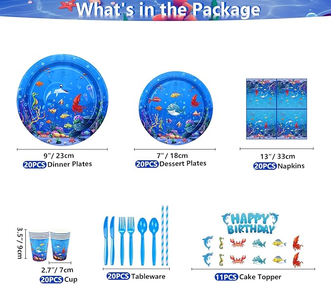 223 Pack Under the Sea Party Supplies Ocean Sea Party Tableware Set Plates Cups Napkins Tablecloth Banner Balloons Cake Toppers for Underwater World Birthday Ocean Animal Party Decorations Serves 20