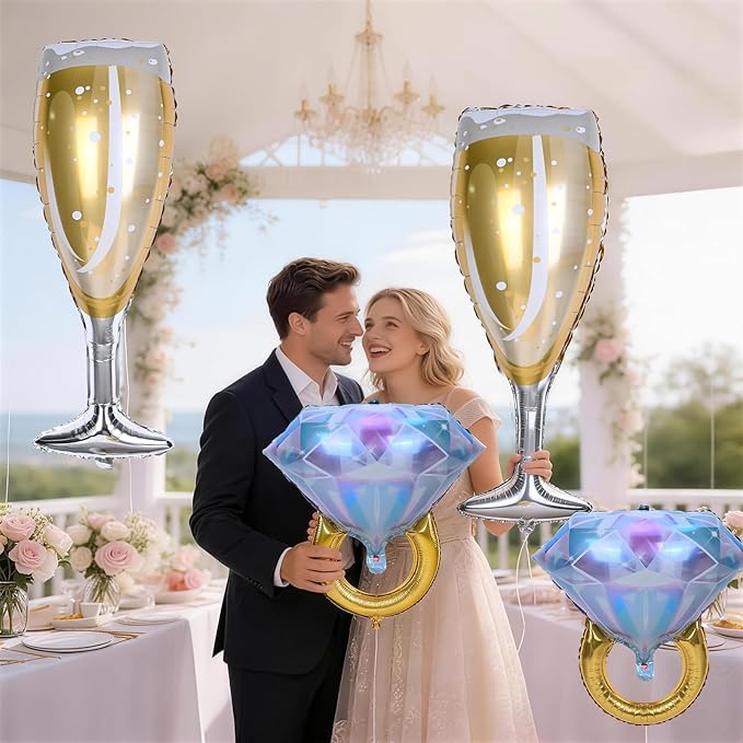 Diamond Ring Balloons Champagne Wine Glass Foil Balloons for Engagement Bachelorette Bridal Shower Wedding Proposal Marriage Anniversary Just Engaged Married She Said Yes Celebration Party Decorations