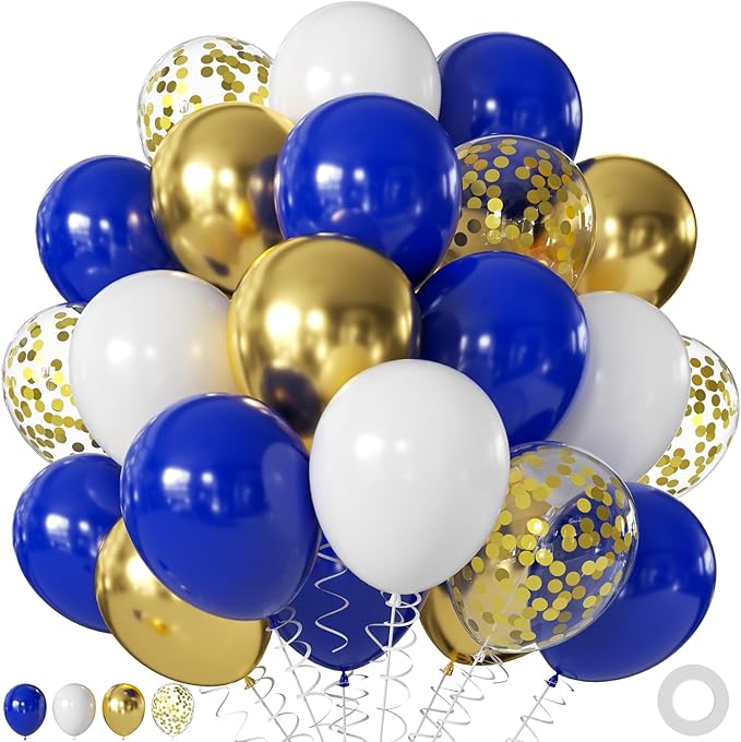 Royal Blue Gold White Balloons, 60Pcs 12Inch Navy Blue and Gold Balloons with Metallic Gold Confetti Balloon for Wedding Graduation Baby Shower Birthday Decorations