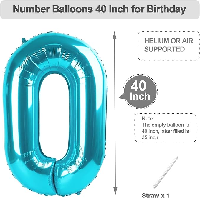 40 Inch Numbers Balloon, Light Blue Balloons for Birthday Party Decoration, Foil Number 0 Ballon for 10, 20, 30, 100, 2026 Celebration, Birthday, Baby Shower, Anniversary Decor