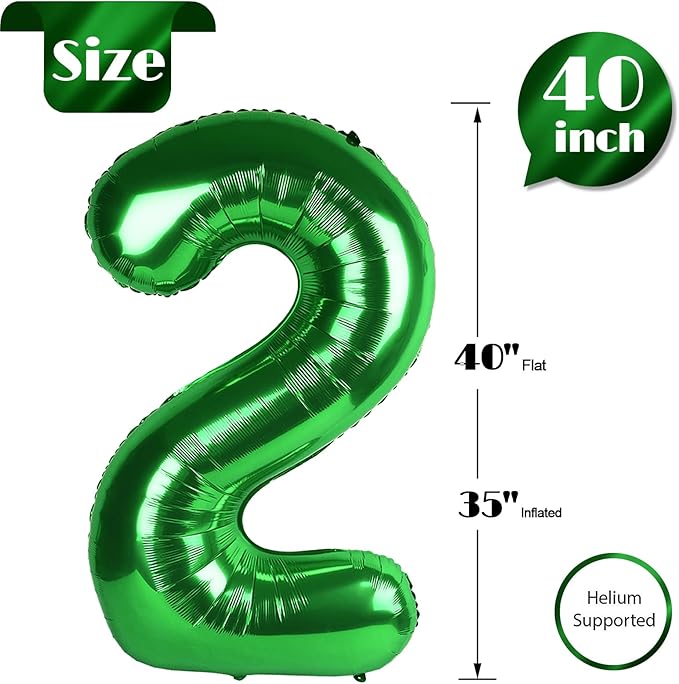 Green Number 2 Balloon 40 Inch, 2 Balloon Number, 2nd Birthday Decorations for Baby Girls Boys Toddlers