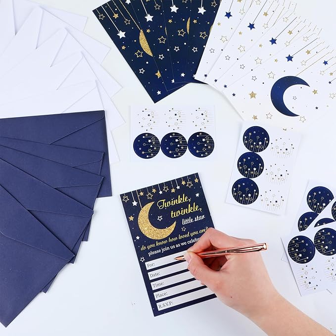Qyeahkj 36pcs Stars Invitations Twinkle Little Star Baby Shower Invitation Cards with Envelopes Moon and Star Baby Shower Decorations Blue Gold Foil Baby Shower Party Invites for Baby Gender Supplies