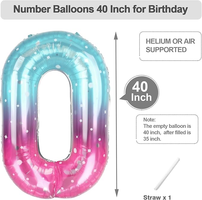 40 Inch Balloon Numbers, Pink Blue Purple Balloons for Birthday Party Decoration, Foil Number 0 Ballon for 0, 10, 20, 100, 2026 Celebration, Birthday, Baby Shower, Anniversary Decor