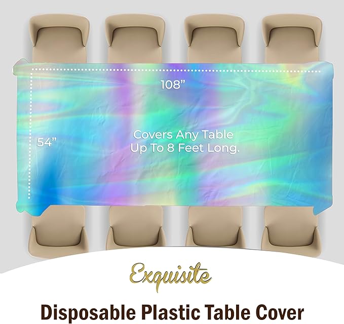 Exquisite 12-Pack Premium Plastic Tablecloth Pack of 12 - Premium Plastic Tablecloth 54 Inch x 108 Inch Rectangle Table Cover - Iridescent