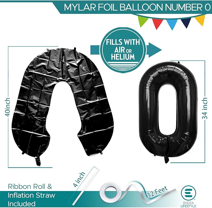40 Inch Large Black Number Celebration and Decoration Balloon for Birthday Parties, Graduations, Anniversaries, Weddings, Photo Shoots, Special Events - Helium Foil Mylar (Black Number 0)