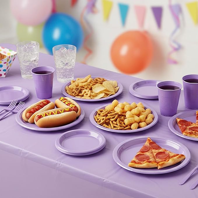 Lavender Plastic Plates for Party,50 Guest Disposable Plastic Plate Set 9" Plates,7" Dessert Plates,Napkins,12 oz Cups,Forks & Tablecloth for Baby Shower,Wedding,Birthday,Afternoon Tea Party