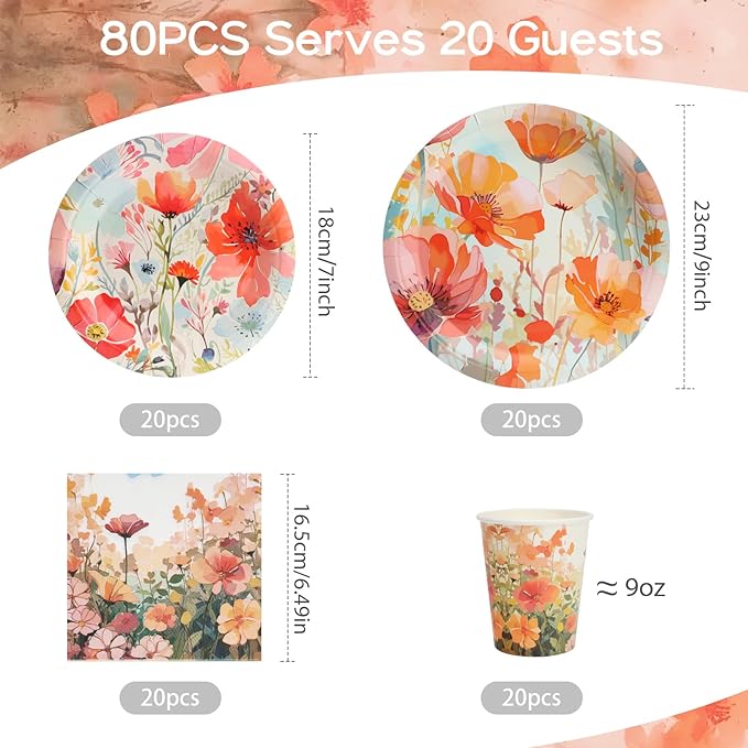 80pcs Floral Party Plates Disposable Tableware Set Orange Flower Paper Plates for 20 Guests Kids Party Picnic Wedding Tea Party Table Supplies (Include Plates, Cups and Napkins)