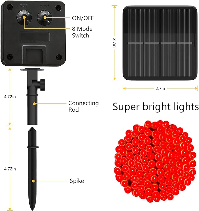 Solar String Lights for Outside, 39Ft 100 LED Solar String Lights Outdoor with 8 Modes，Solar Lights for Outside Waterproof for Yard, Fence,Balcony, Party,Christmas Tree Decorations (Red)
