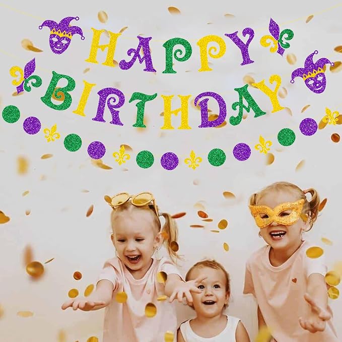 Zwiebeco Green Purple Gold Happy Birthday Banner Circle Dots Irises Bunting Garland Hanging Paper Party Decorations for Boys Girls Mens Womens Adults Mardi Gras Themed Bday Decor Accessories Supplies