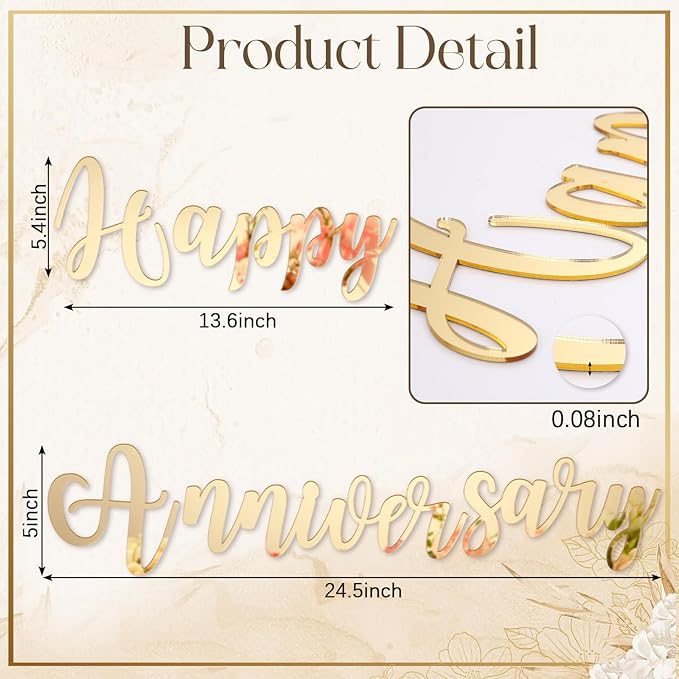 Frienda Happy Anniversary Sign Gold Mirror Acrylic Backdrop Decal Sign for Wedding Anniversary Birthday Party Decoration, Peel off The Acrylic Film
