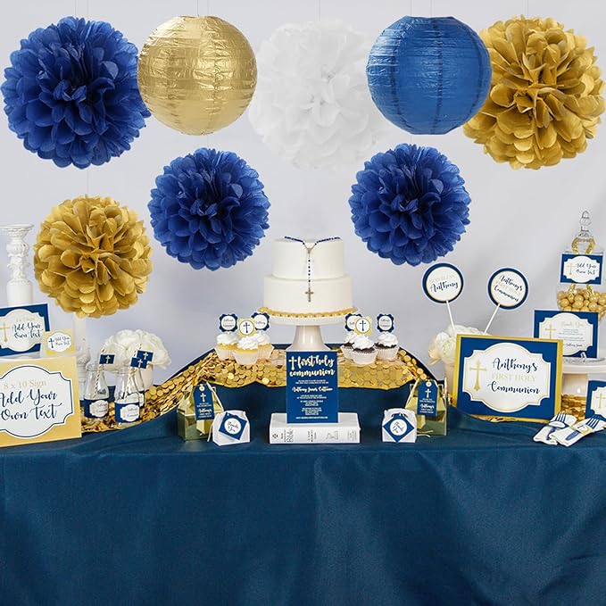 Navy Blue Gold White Paper Flowers Tissue Pom Poms Honeycomb Lanterns 15pcs Royal Party Decorations Birthday Wedding Baby Bridal Shower Bachelorette Graduation Hanging Supplies Mprocherify