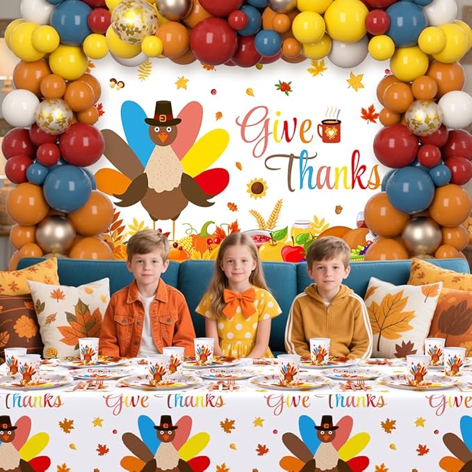 295 Pcs Turkey Thanksgiving Decorations Autumn Disposable Dinnerware Decorations Includes Plates, Cup, Napkin, Tablecloth, Give thanks Themed Balloons Disposable Tableware Serve 24 Guests