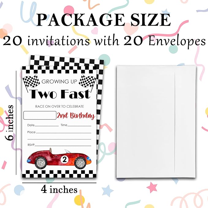 Growing Up Two Fast 2nd Birthday Party Invitations - 20-Pack of 4''x6'' Racing Car Invite Cards with Envelopes, Double-Sided Fill In Birthday Party Celebrate Supplies & Decoration For Girls Boys - A10