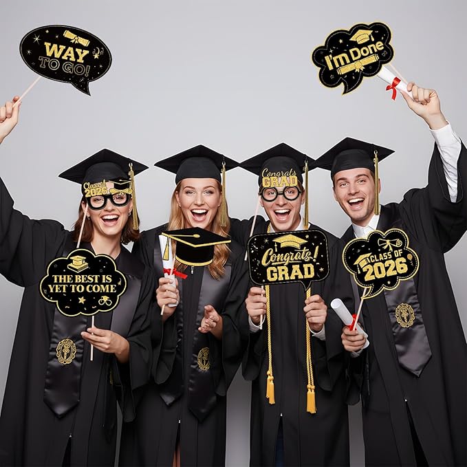Black and Gold Graduation Decorations 2026 18Pcs, Graduation Photo Props Set with 27x19 Inch Photo Booth Frame and 17 Handheld Signs for Graduation Party Supplies Class of 2026