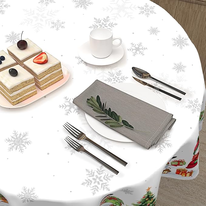 Winter Snowman Round Tablecloth White Tablecloth 60 Inch Christmas Snowflake Pattern Circle Table Cloth Xmas Holiday Table Cover Indoor Decor for Home Kitchen Dinning Party