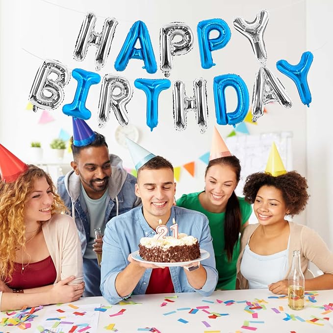 TONIFUL Happy Birthday Balloons Banner 16 Inch Mylar Foil Letters Birthday Sign Reusable for Girls Boys Kids & Adults Birthday Party Decorations Supplies（Navy Blue Silver）
