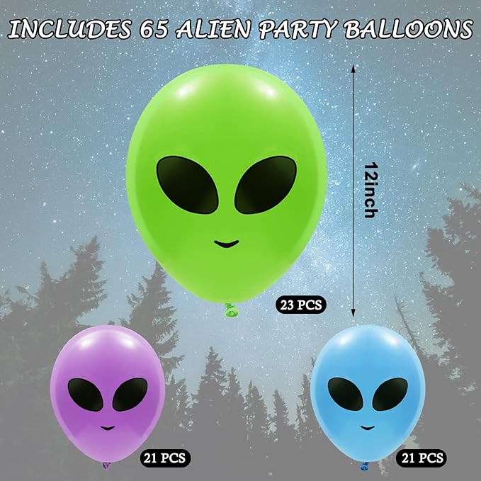 Whaline 65Pcs Alien Balloons Green Blue Purple Alien Party Latex Balloons UFO balloons Outer Space Aliens Decorations for Birthday Party Baby Shower Supplies Home Backdrop Decorations