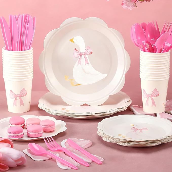 One Silly Goose Birthday Party Tableware Set for 25 Guest Disposable Plates Cups Bow Napkins Fork Knife Spoon Silly Goose Baby Shower Party Favors Birthday Decorations(175,Pink)