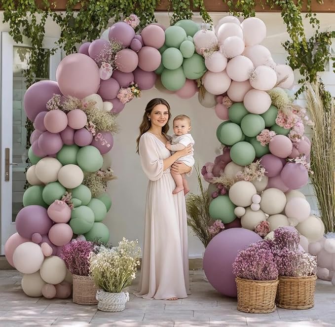 Dusty Green Purple Balloon Garland Double Stuffed Pastel Green Lavender Pink White Sand Balloon Arch Kit Light Lilac Cream Balloons for Baby Shower Easter Birthday Wedding Wildflower Fairy Party Decor