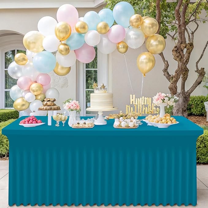 Smiry Spandex Tablecloth 2 Pack, Elastic Fitted Stretch Tablecloth for 8FT Rectangle Tables, Waterproof Washable Table Cover Skirt for Outdoor, Wedding, Banquet & Parties (Turquoise, 96Lx30Wx30H Inch)