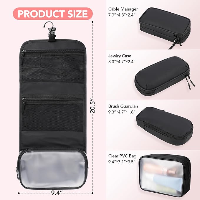 Travel Toiletry Bag Set for Women, Compact Size 5-Piece Hanging Organizer Kit with TSA Approved Cosmetic Bag, Jewelry Case & Cable Pouch, Waterproof Makeup Bag for Travel Essentials- Black
