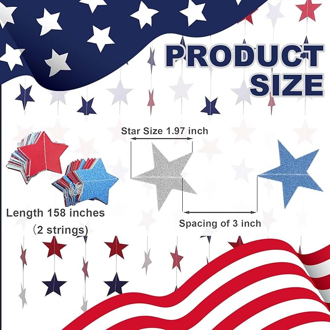 4th of July Decorations Stars Set, Red White Blue Star Streamers, "Party in the USA" Balloons for Patriotic Memorial Veterans Labor Independence Day Decor