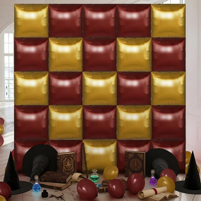 25 Pcs Wizard Party Decor Magical Square Double Sided Foil Balloon Backdrop 19'' Burgundy Gold Foil Balloon Tunnel Arch Garland Kit for Medieval Party Baby Shower Birthday