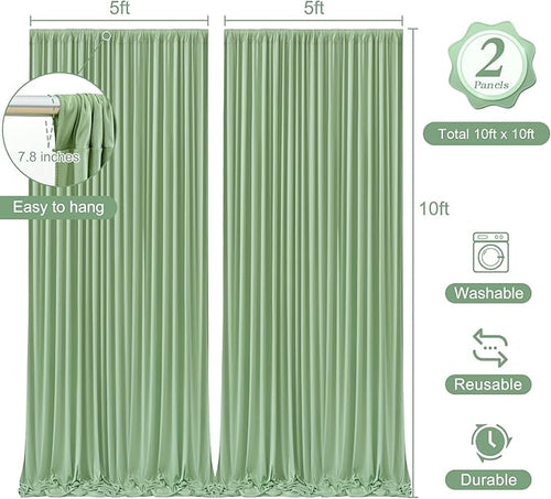 10 x 10ft Sage Green Backdrop Curtains with Lights String Green Polyester Photo Drapes Wrinkle Free Curtains Backdrop for Birthday Parties Wedding Reception Baby Shower Ceremony-5 x 10ft x 2P