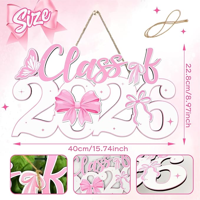 Pink Bow Class of 2026 Wood Signs Graduation Decorations 2026 Wooden Sign Congrats Grad Photo Booth Props for Graduation Party Decorations Wood Cutout College High School Party Supplies