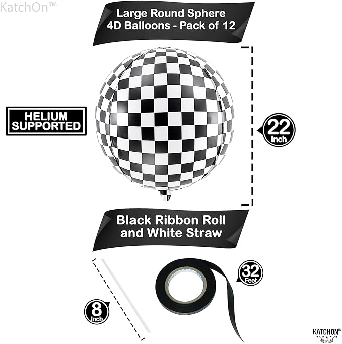 KatchOn, Black and White Checkered Balloons - 22 Inch, Pack of 12 | Race Car Balloons for Race Car Birthday Party Decorations | Racing Party Decoration | Checkered Party Decorations | Emo Party Décor
