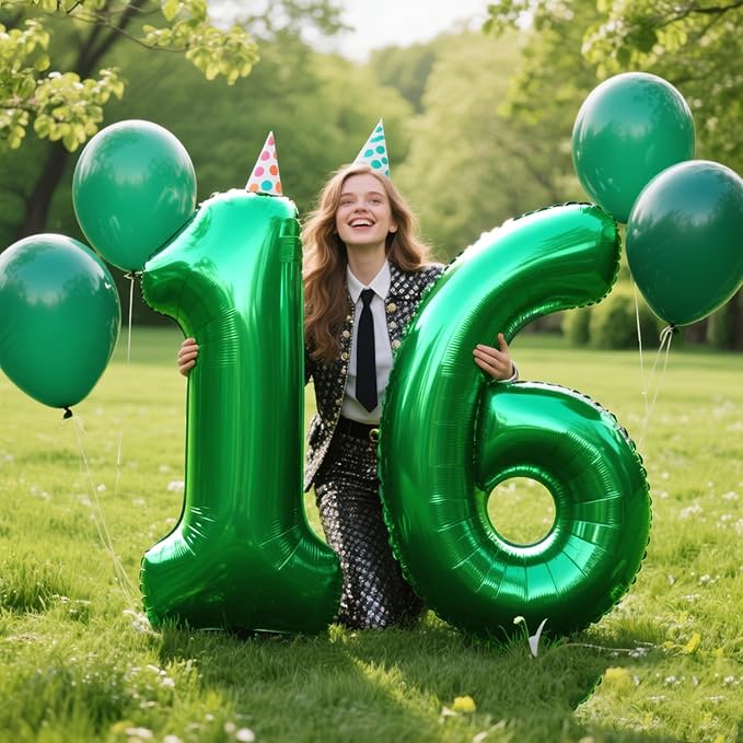 40 Inch Green Number 16 Digital Balloon,Jumbo Mylar Foil Helium Balloon for 16 Balloons for Birthday Party,Wedding Anniversary Party Decorations