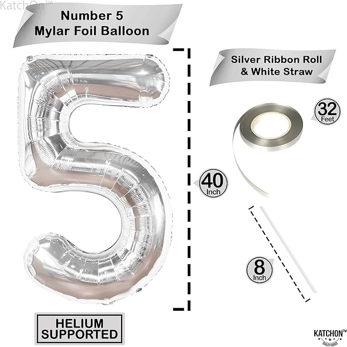 KatchOn Silver 5 Balloon Number - 40 Inch | 5th Birthday Decorations, Silver Party Decorations | 5 Mylar Balloon