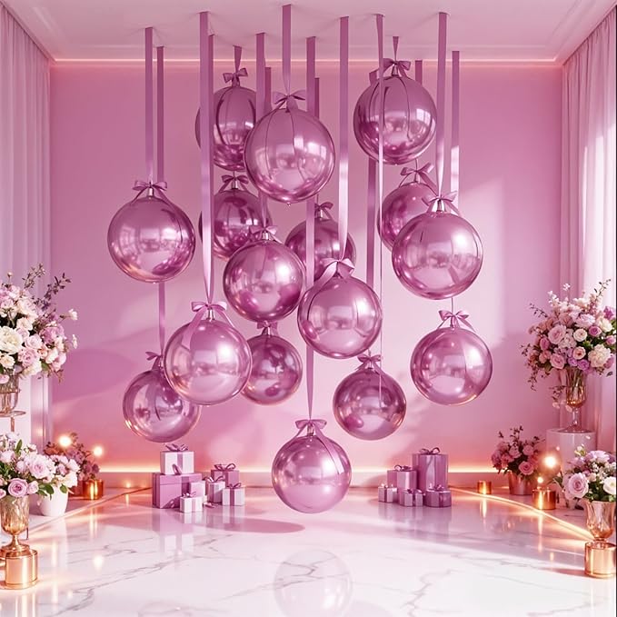 14 Pcs Pink Round Foil Balloons 22/15/10 4D Ball Balloons Light Baby Pink Metallic Balloon Ornament Mylar Balloon Chrome for Birthday Graduation Wedding Anniversary New Year Disco Party Decor