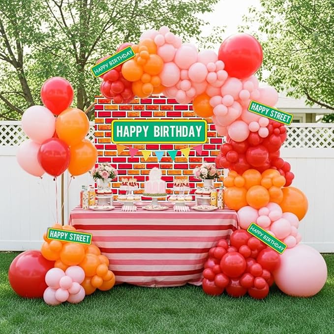 Sesame Friends Birthday Party decorations Cartoon orange red white Balloon Garland Kit With red brick birthday backdrop stickers For kids birthday decorations