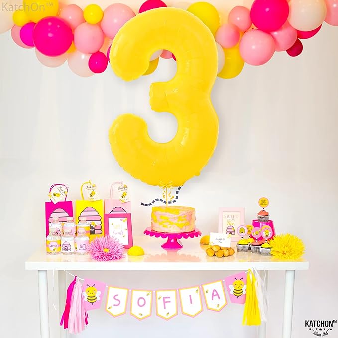 KatchOn, Big, Yellow 3 Balloon Number - 40 Inch | Yellow Three balloon for 3 Year Old Balloons | 3rd Birthday Decorations for Boys | 3 birthday Balloon, Honey Bee Party Decorations