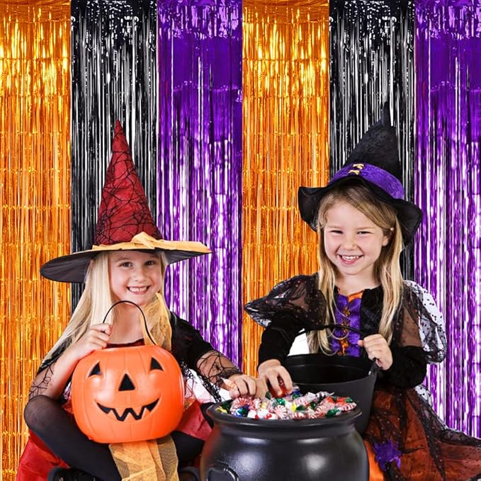 TONIFUL 2Pcs Orange Purple Black Metallic Tinsel Foil Fringe Curtains,3.28ft x 6.56ft Halloween Photo Booth Backdrop Streamer,Photo Props,for Party Door Wall Curtains Wedding Birthday(6.6ft x 6.6ft)