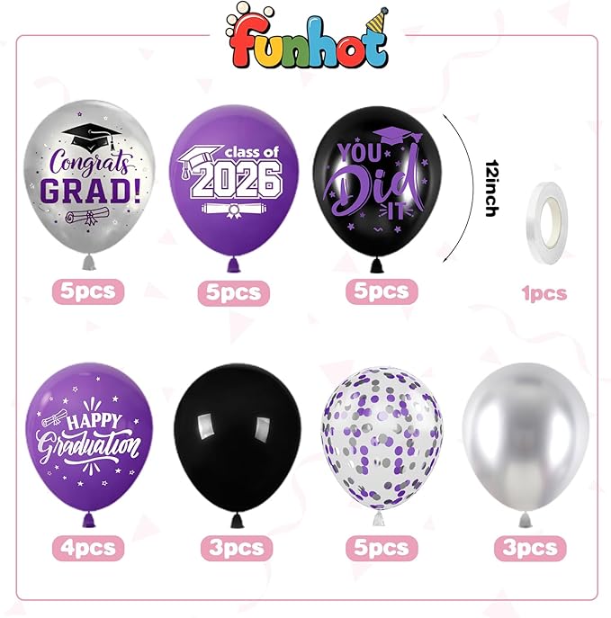 Purple Black and Silver Balloons,12 Inch Print You've Did It Happy Graduation 2026 Balloon and Confetti Balloons with Ribbon,for Graduation Class of 2026 Party Decoration Supplies