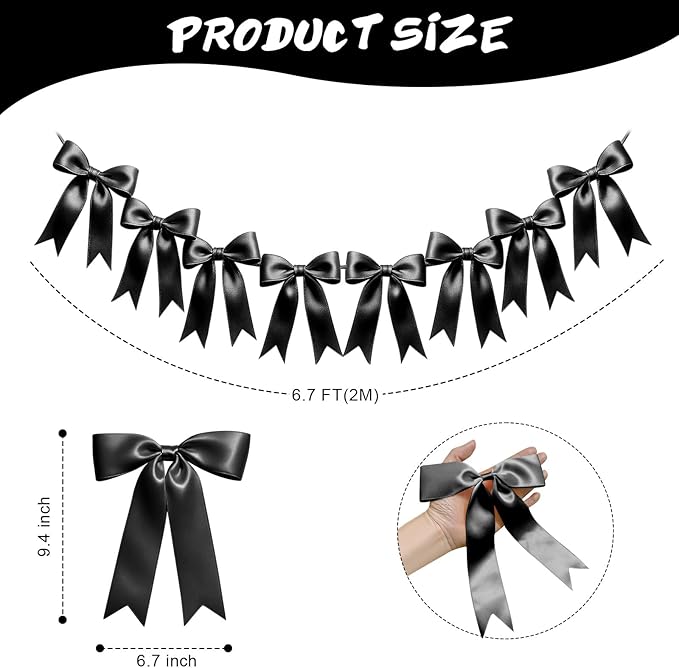 2 Strings of 16PCS Black Bow Garlands Banner Decoration,Pre-Strung Satin Ribbon Ornaments for Birthday,Bachelorette Party,Bridal Shower,Wedding,Engagement,Baby Shower, Graduation Decor,Anniversary