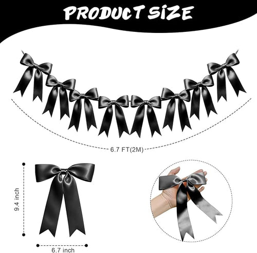 1 String of 8PCS Black Bow Garland Banner Decoration,Pre-Strung Satin Ribbon Ornaments for Birthday,Bachelorette Party,Bridal Shower,Wedding,Engagement,Baby Shower,Graduation Decor,Anniversary