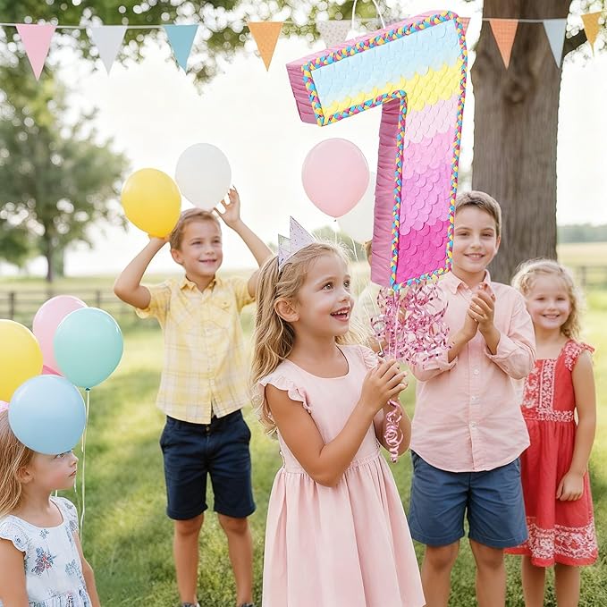 WERNNSAI Number 7 Piñata – Pink 7th Birthday Party Decorations Rainbow Ombre Seven Piñata for kids girls with Blindfold and Stick for 7 Year Birthday Supplies Princess Anniversary Decoration
