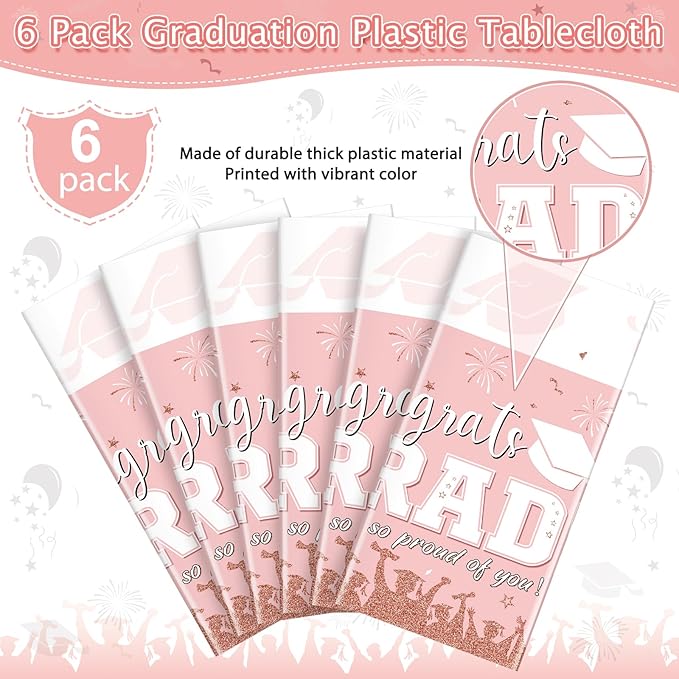 6 Pack Graduation Tablecloth Party Decorations, Class of 2026 Congrats Grad Plastic Tablecover Party Supplies, Pink Rectangle Graduation Table Decorations for College High School Party, 54 x 108 Inch